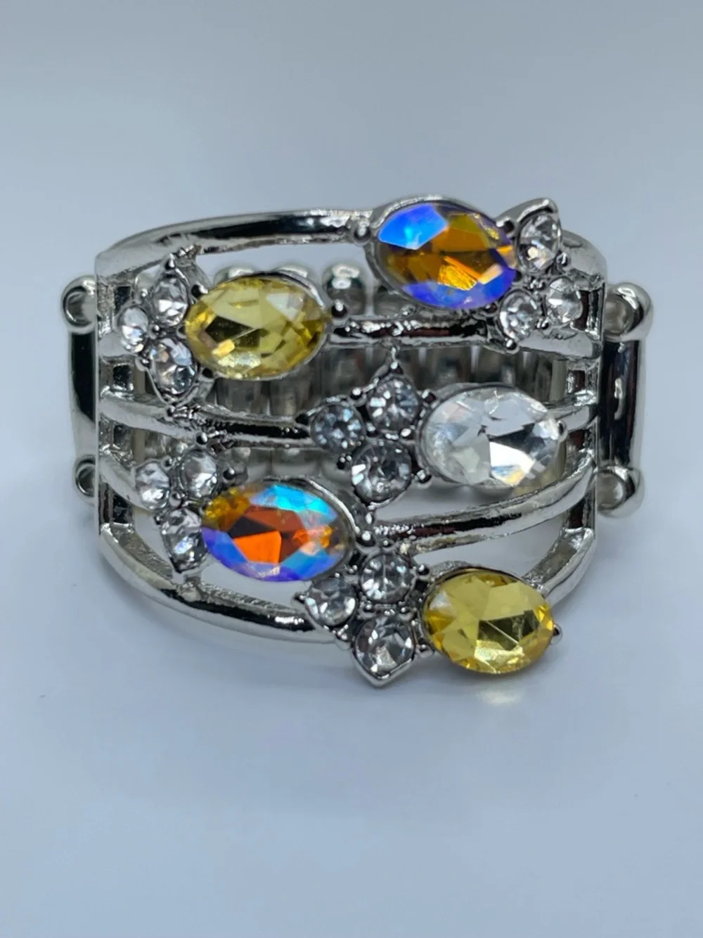 Silver Tone Multicolor Crystal Stretch Ring AB Yellow White Statement